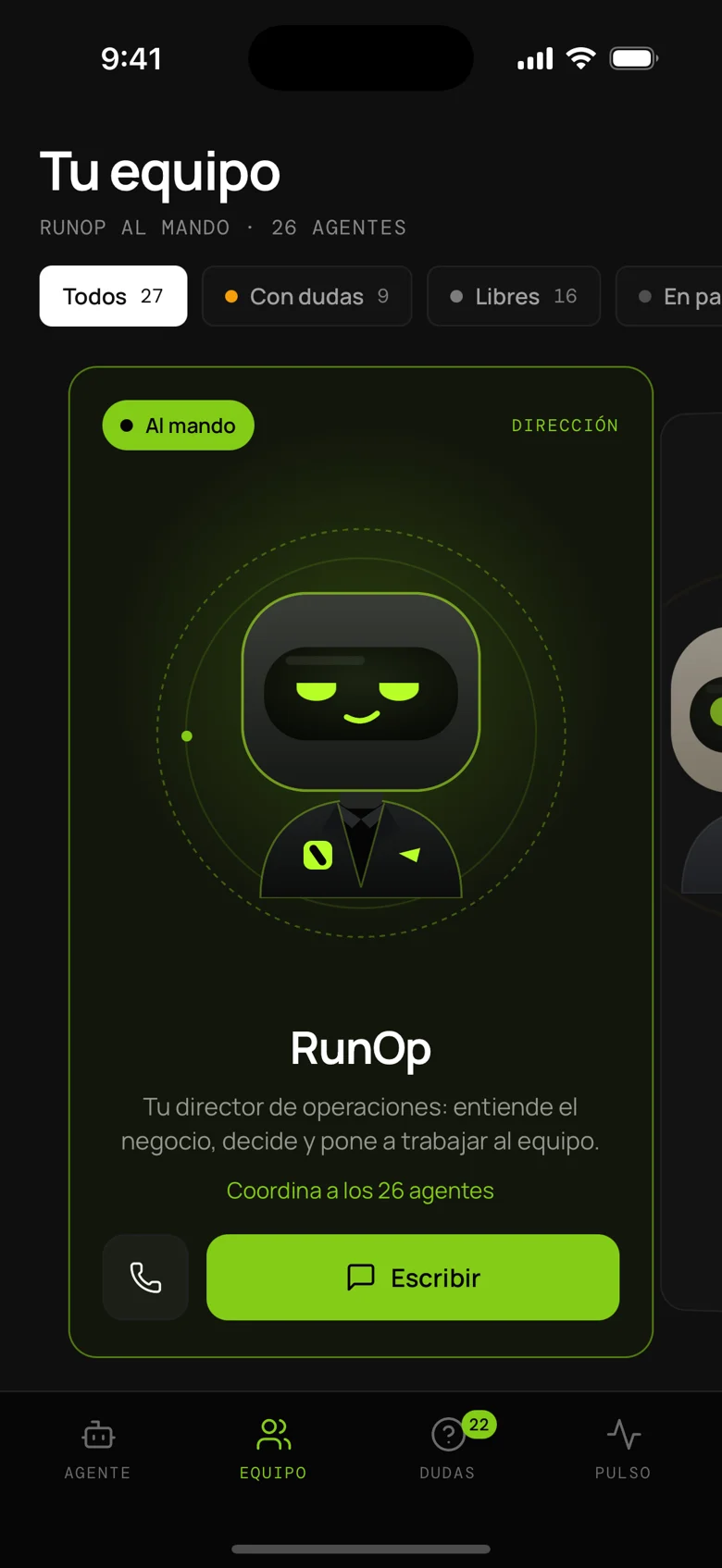 La aplicación de RunOp AI: tu equipo de agentes, con RunOp al mando