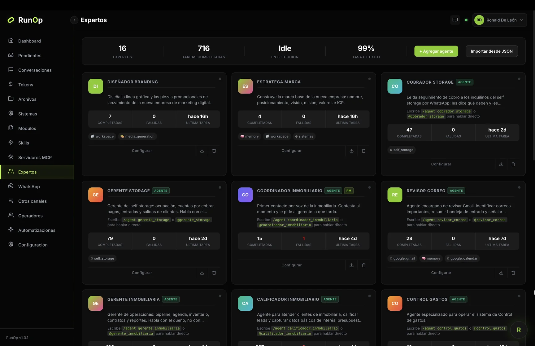 El equipo de agentes de RunOp AI: qué sabe hacer cada uno, a qué sistemas llega y cuántas tareas lleva hechas